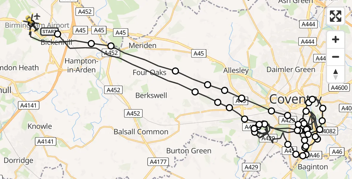 Flight route Police Helicopter Birmingham Airport - Birmingham Airport, 12 July 2026, 15:55