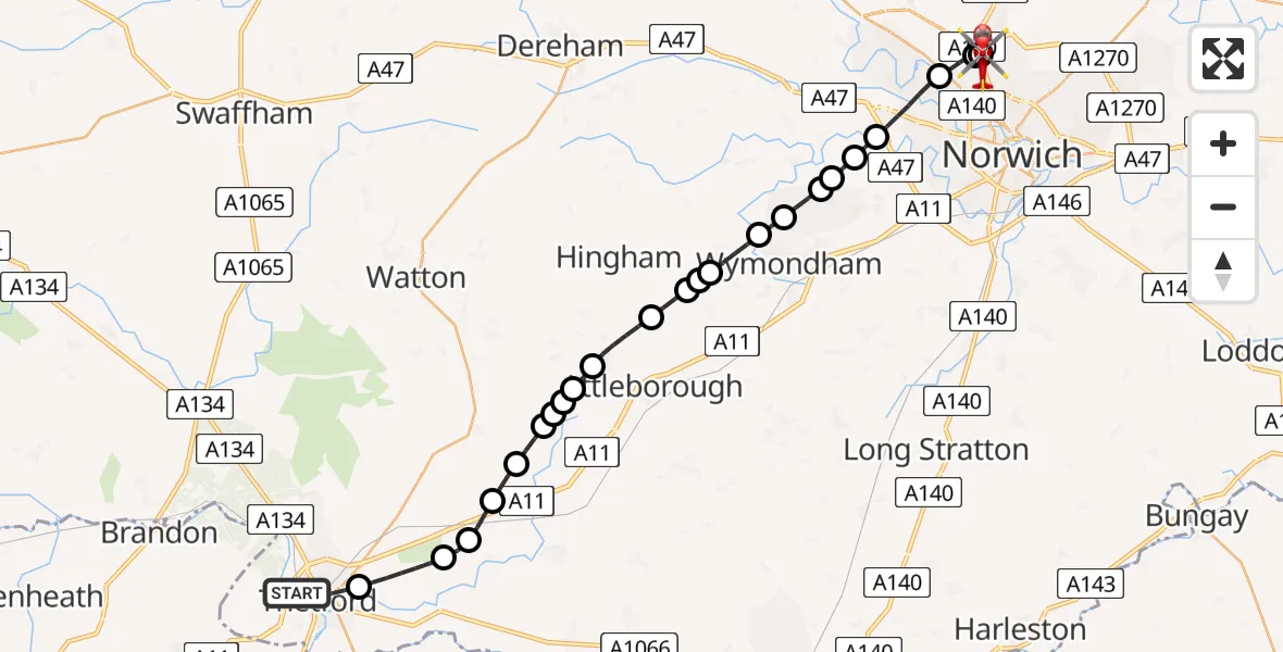 Flight route Air Ambulance Helicopter Thetford - Norwich Airport, 12 July 2026, 16:03