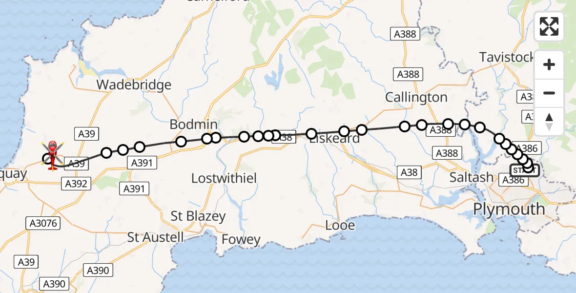 Flight route Air Ambulance Helicopter Derriford Hospital - Cornwall Airport Newquay, 12 July 2026, 16:08