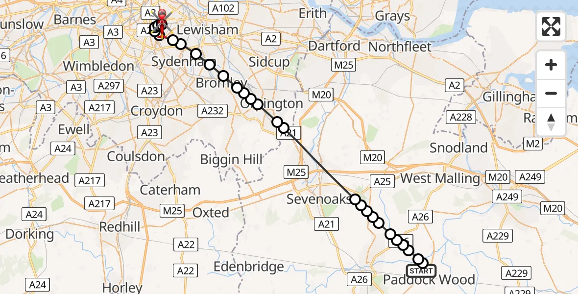 Flight route Air Ambulance Helicopter Capel - Kings College London Hospital, 12 July 2026, 16:10