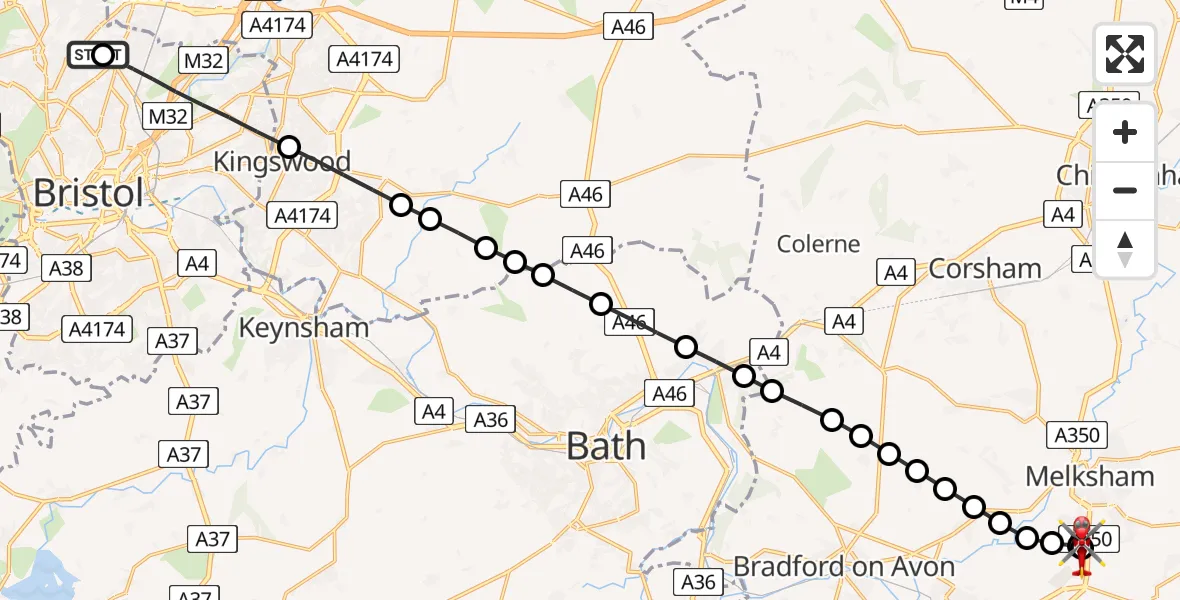 Flight route Air Ambulance Helicopter Southmead Hospital - Wiltshire Air Ambulance, 12 July 2026, 16:34