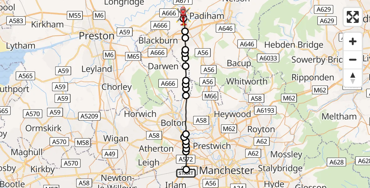 Flight route Air Ambulance Helicopter Manchester Barton Aerodrome - Great Harwood, 12 July 2026, 16:37