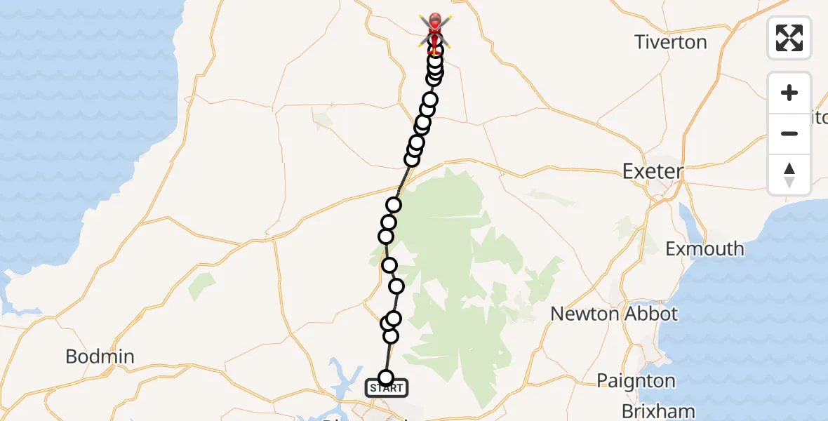 Flight route Air Ambulance Helicopter Glenholt - Riddlecombe, 12 July 2026, 16:43