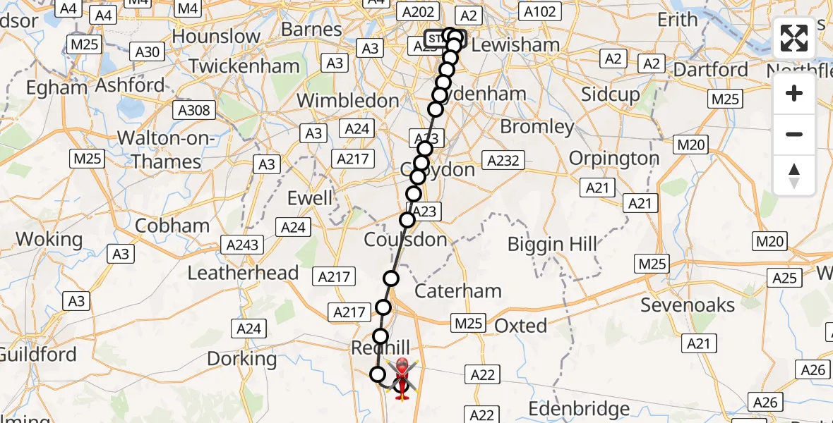 Flight route Air Ambulance Helicopter Kings College London Hospital - Redhill Aerodrome, 12 July 2026, 17:04