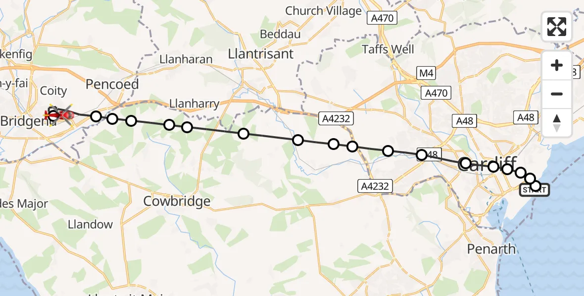 Flight route Air Ambulance Helicopter Cardiff Heliport - Bridgend, 12 July 2026, 17:13