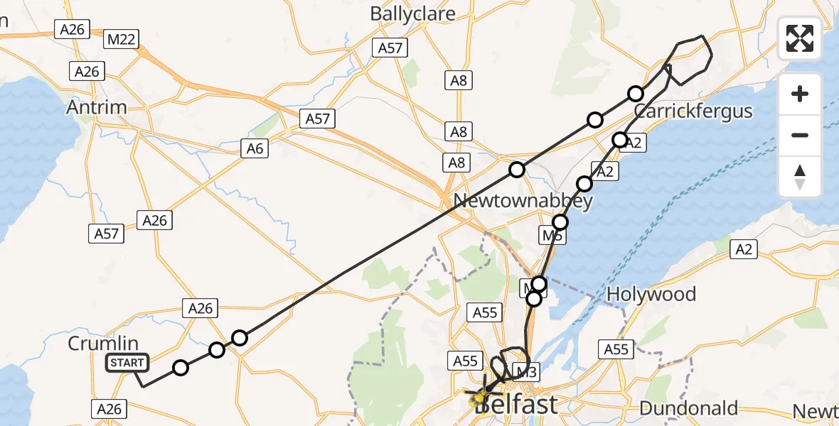 Flight route Police Helicopter Crumlin - Belfast City District, 12 July 2026, 17:18