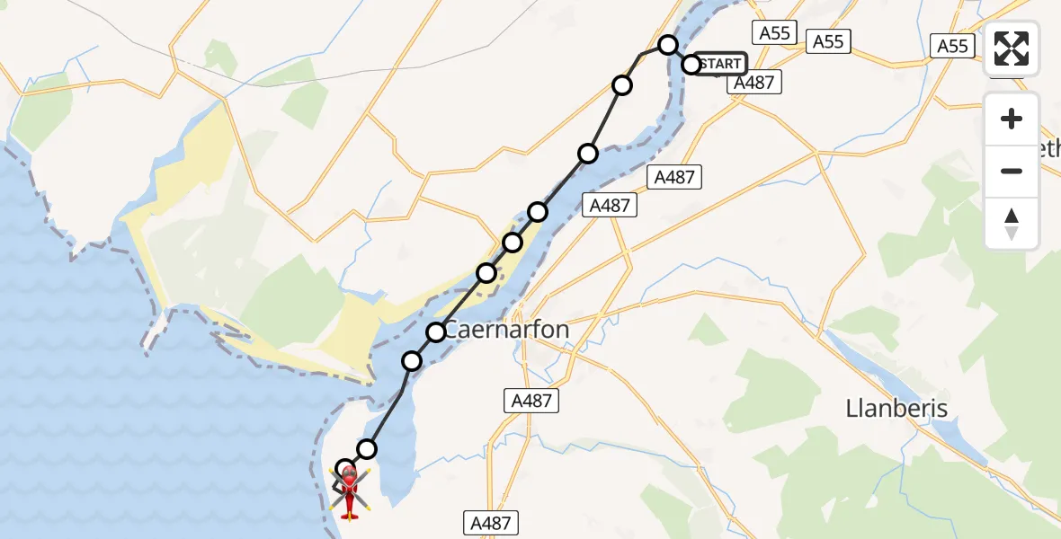 Flight route Air Ambulance Helicopter Aber Pwll - Caernarfon Airport, 12 July 2026, 17:20