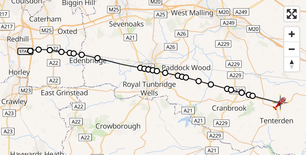 Flight route Air Ambulance Helicopter Redhill Aerodrome - Ashford, 12 July 2026, 17:25