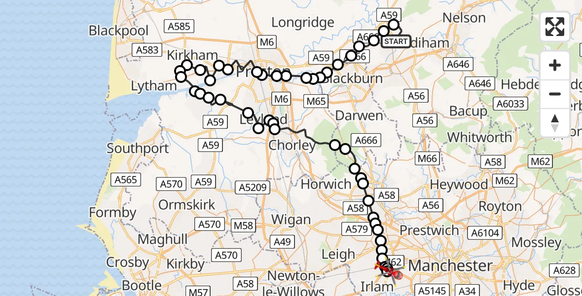 Flight route Air Ambulance Helicopter Read - Manchester Barton Aerodrome, 12 July 2026, 17:41