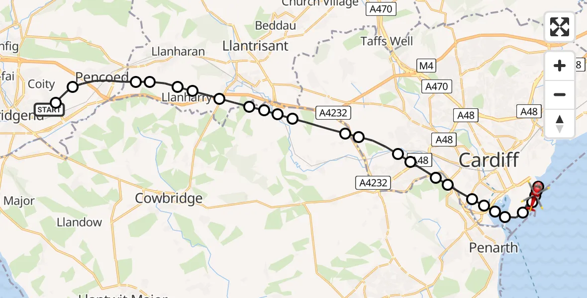 Flight route Air Ambulance Helicopter Bridgend - Cardiff, 12 July 2026, 17:48