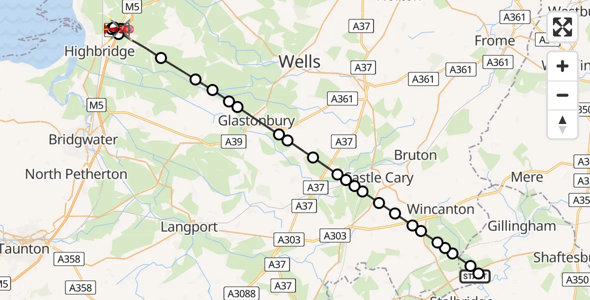 Flight route Air Ambulance Helicopter Henstridge Airfield - Brent Knoll, 12 July 2026, 18:01
