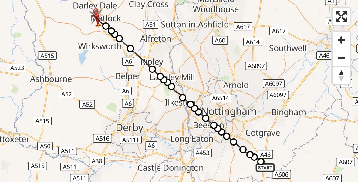 Flight route Air Ambulance Helicopter Nottingham Heliport - Matlock, 12 July 2026, 18:07