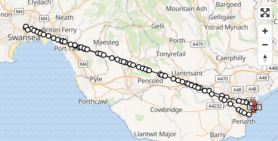 Flight route Air Ambulance Helicopter Cardiff Heliport - Cardiff Heliport, 12 July 2026, 18:13