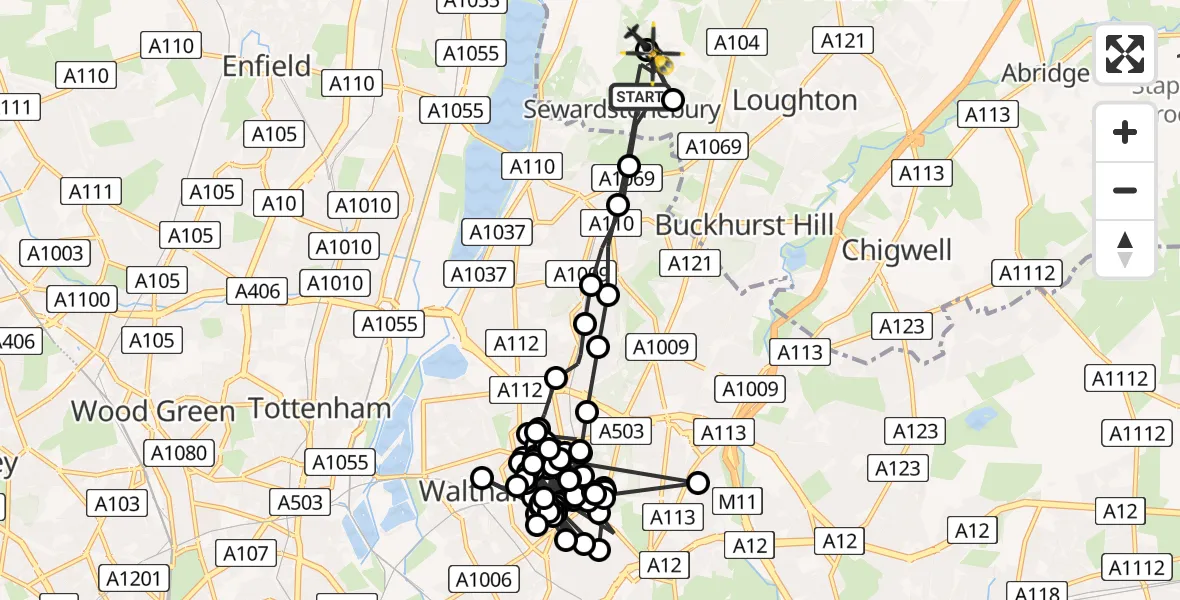 Flight route Police Helicopter Sewardstonebury - Metropolitan Police Air Support Unit Lippitts Hill, 12 July 2026, 18:14