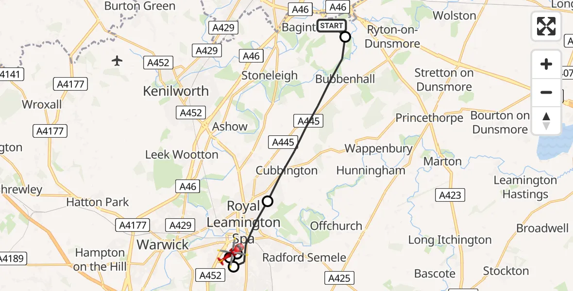 Flight route Air Ambulance Helicopter Coventry Airport - Warwick, 12 July 2026, 18:20