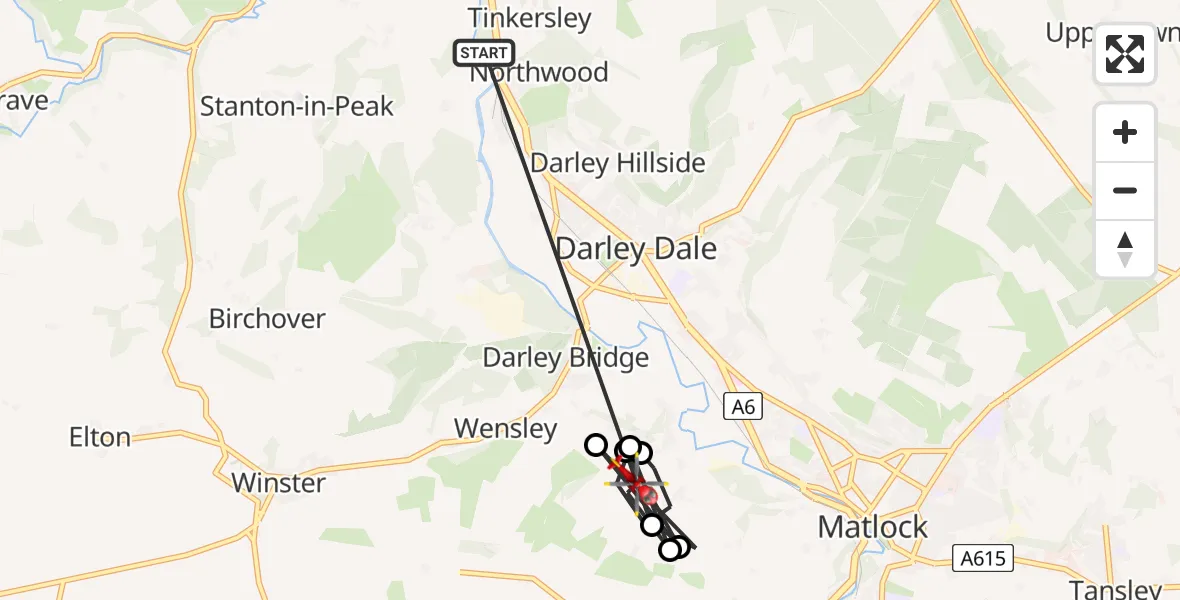 Flight route Air Ambulance Helicopter Tinkersley - Matlock, 12 July 2026, 18:21