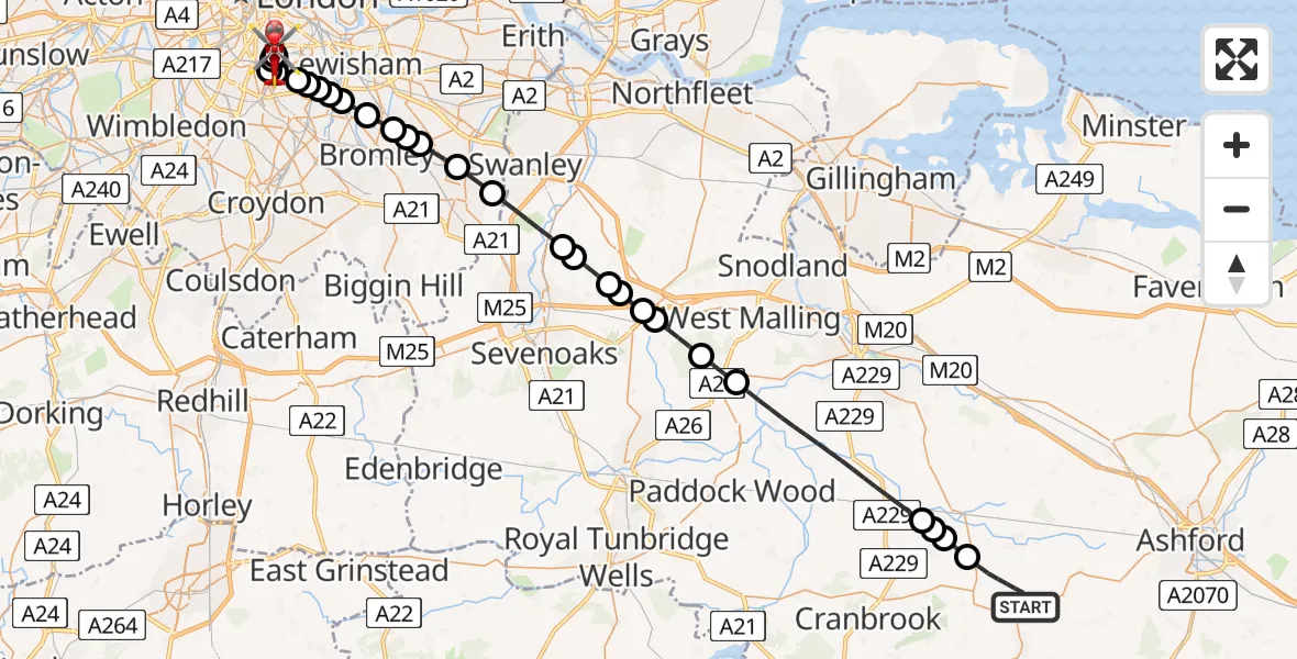 Flight route Air Ambulance Helicopter Ashford - Kings College London Hospital, 12 July 2026, 18:22