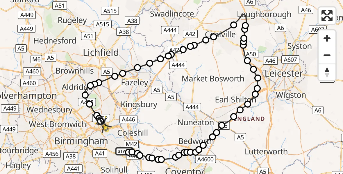 Flight route Police Helicopter Birmingham Airport - Tyburn, 12 July 2026, 18:26