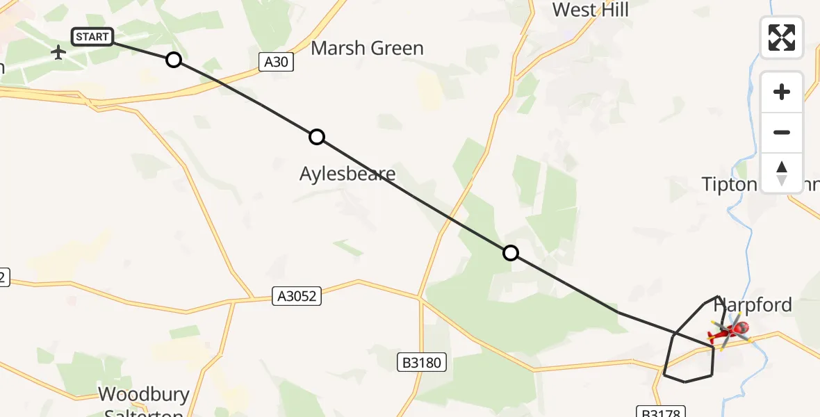 Flight route Air Ambulance Helicopter Exeter International Airport - Newton Poppleford, 12 July 2026, 18:39