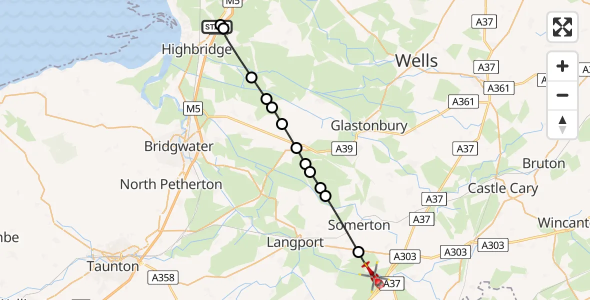 Flight route Air Ambulance Helicopter Brent Knoll - Long Sutton, 12 July 2026, 18:48