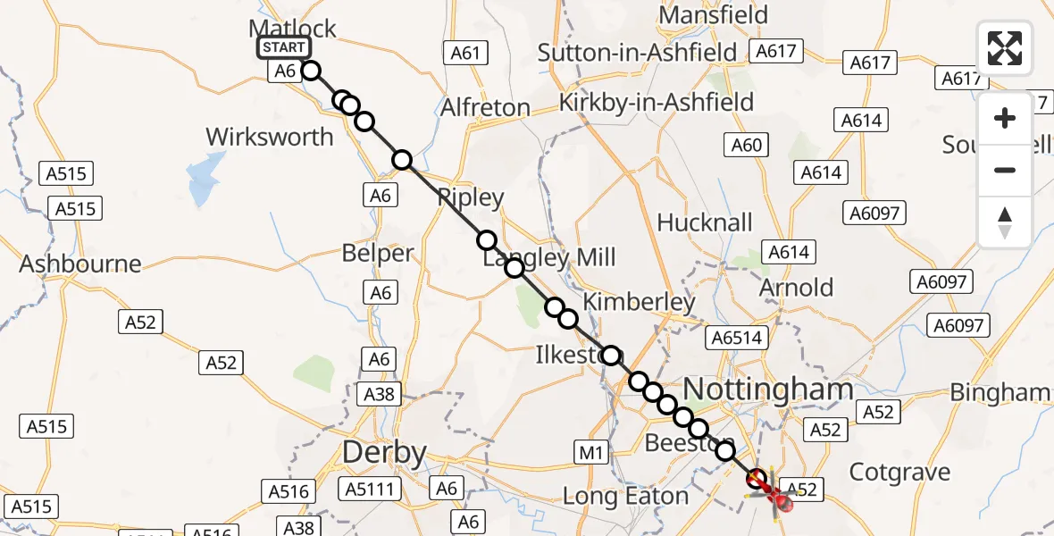 Flight route Air Ambulance Helicopter Matlock - Ruddington, 12 July 2026, 18:51