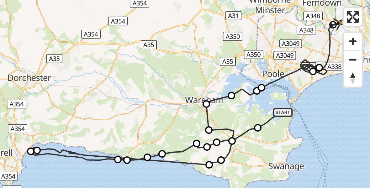 Flight route Police Helicopter Studland - Bournemouth Airport, 12 July 2026, 19:09