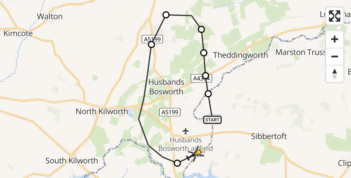 Flight route Police Helicopter Husbands Bosworth Airfield - Harborough, 12 July 2026, 19:10