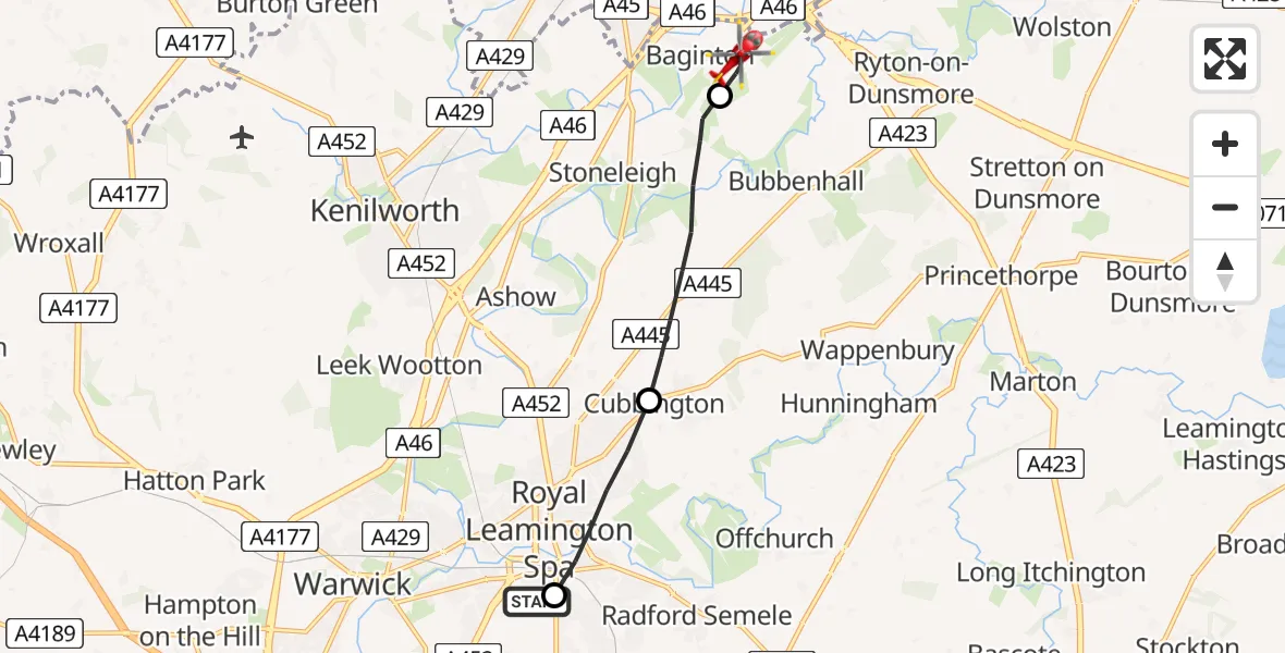 Flight route Air Ambulance Helicopter Royal Leamington Spa - Coventry Airport, 12 July 2026, 19:11