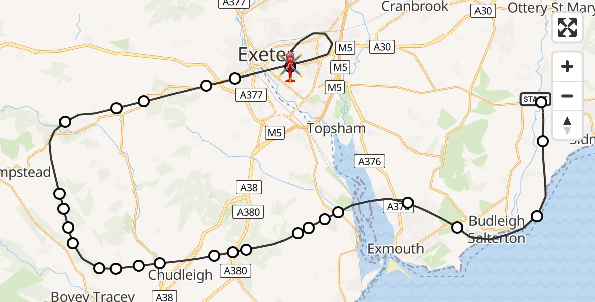 Flight route Air Ambulance Helicopter Newton Poppleford - Royal Devon & Exeter Hospital, 12 July 2026, 19:12