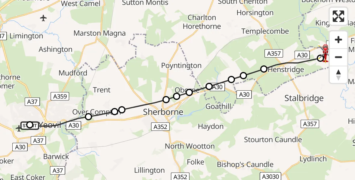 Flight route Air Ambulance Helicopter Yeovil/Westland Aerodrome - Henstridge Airfield, 12 July 2026, 19:13