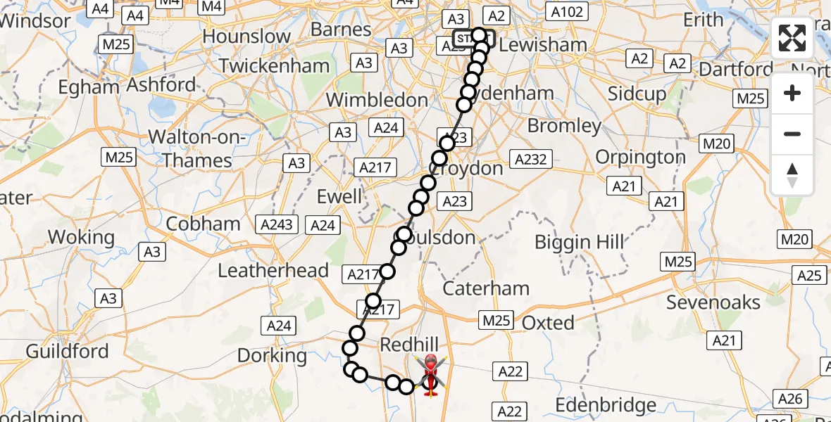 Flight route Air Ambulance Helicopter Kings College London Hospital - Redhill Aerodrome, 12 July 2026, 19:16