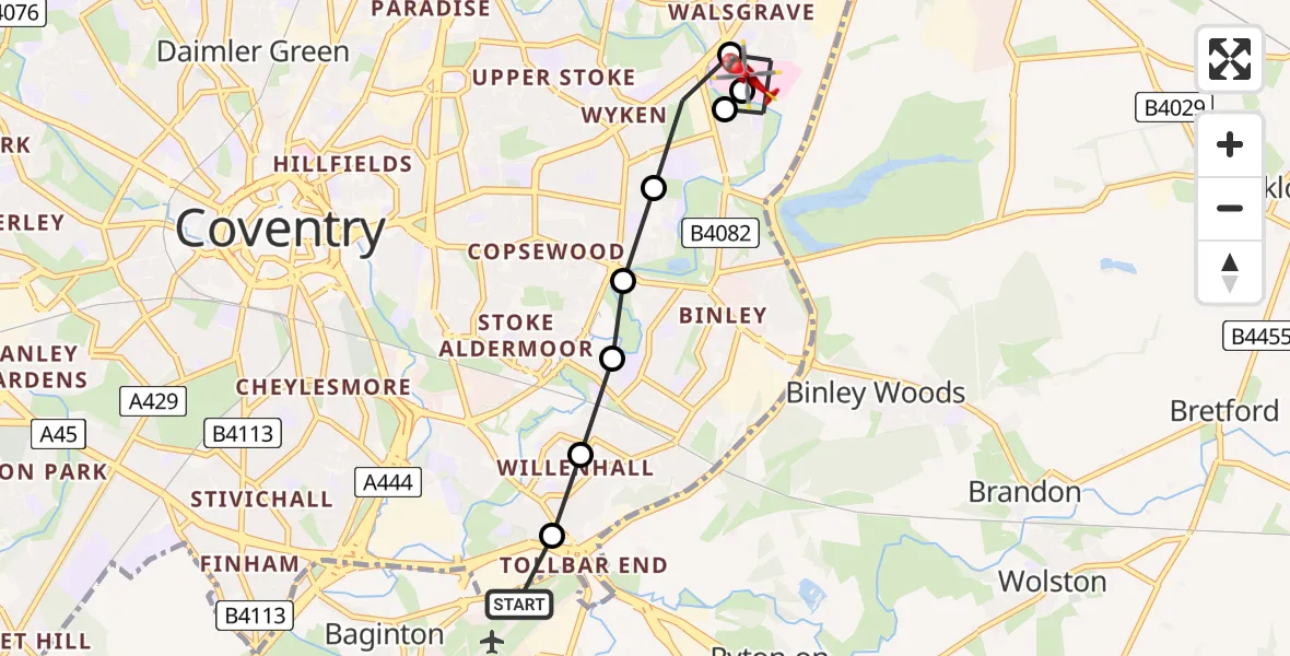 Flight route Air Ambulance Helicopter Coventry Airport - University Hospital Coventry, 12 July 2026, 19:19