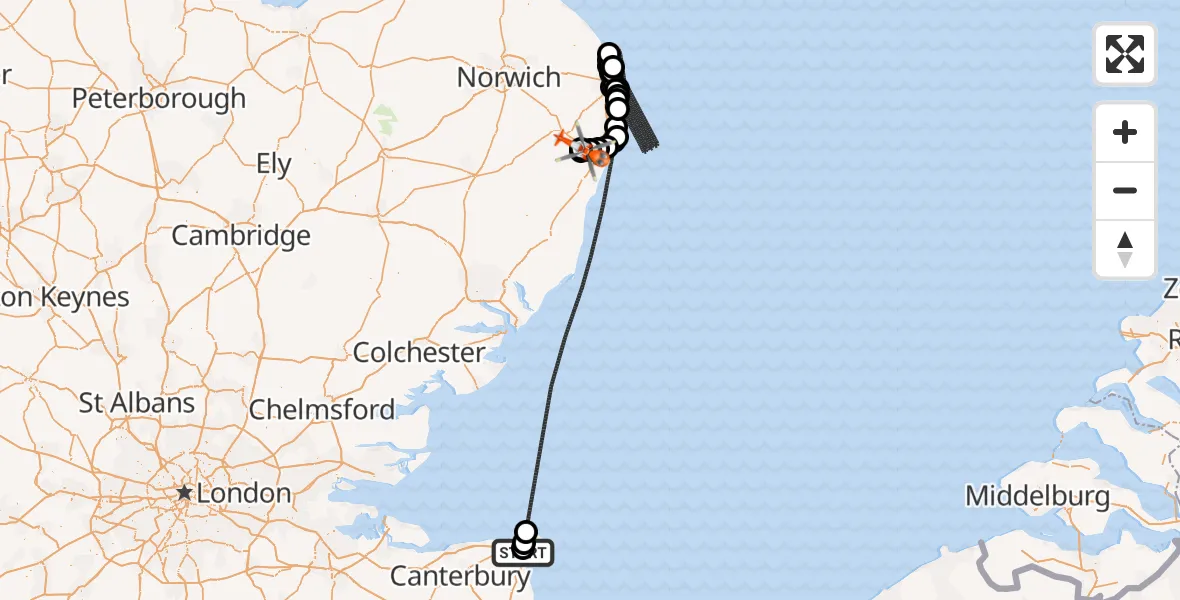 Flight route Coastguard Helicopter Manston Airport - Beccles Airfield, 12 July 2026, 19:27