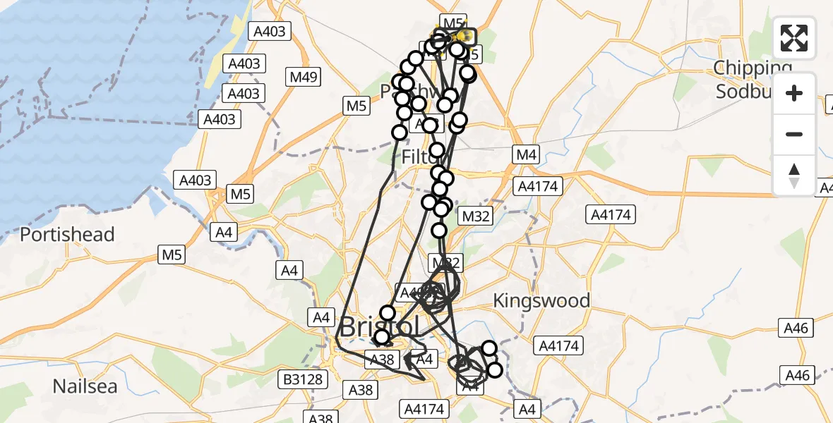Flight route Police Helicopter Almondsbury Helicopter Base - Almondsbury Helicopter Base, 12 July 2026, 19:34