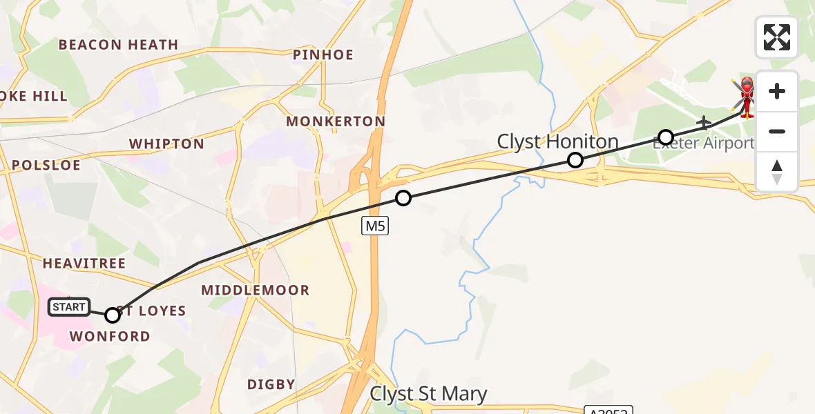 Flight route Air Ambulance Helicopter Royal Devon & Exeter Hospital - Exeter International Airport, 12 July 2026, 19:34