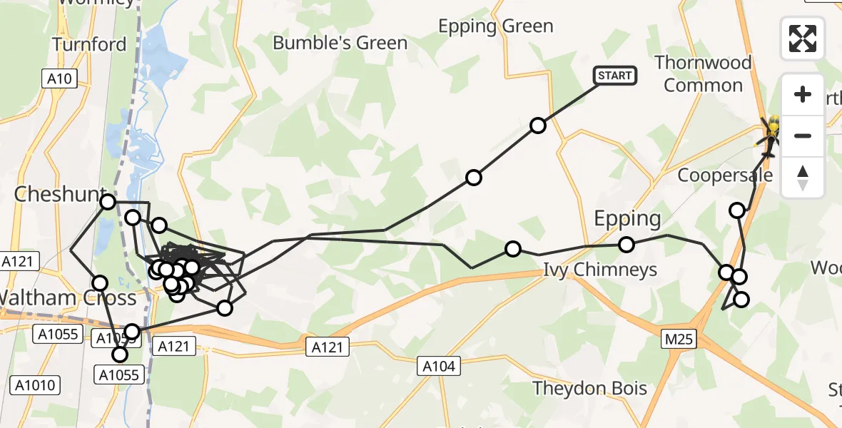 Flight route Police Helicopter Thornwood Common - Coopersale, 12 July 2026, 19:39