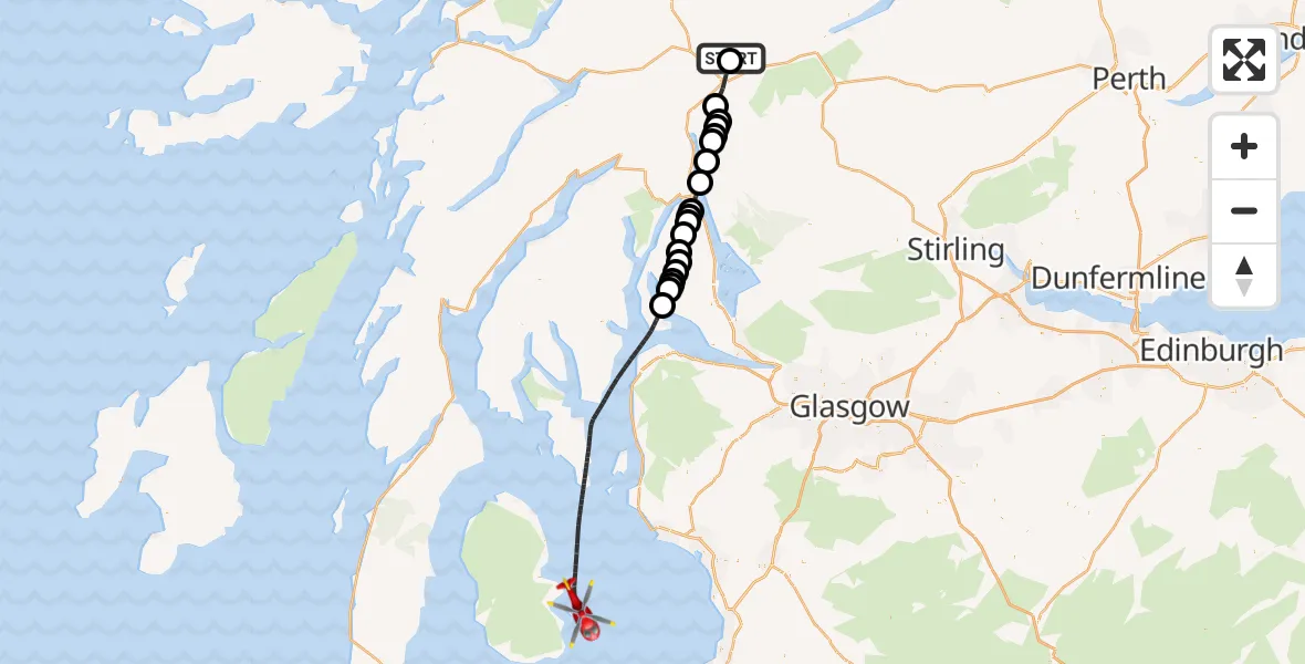 Flight route Air Ambulance Helicopter Stirling - Inner Seas, 12 July 2026, 19:45