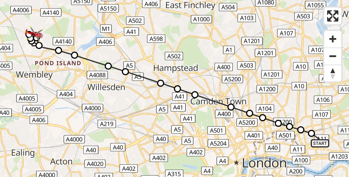 Flight route Air Ambulance Helicopter Royal London Hospital - Preston, 12 July 2026, 19:46