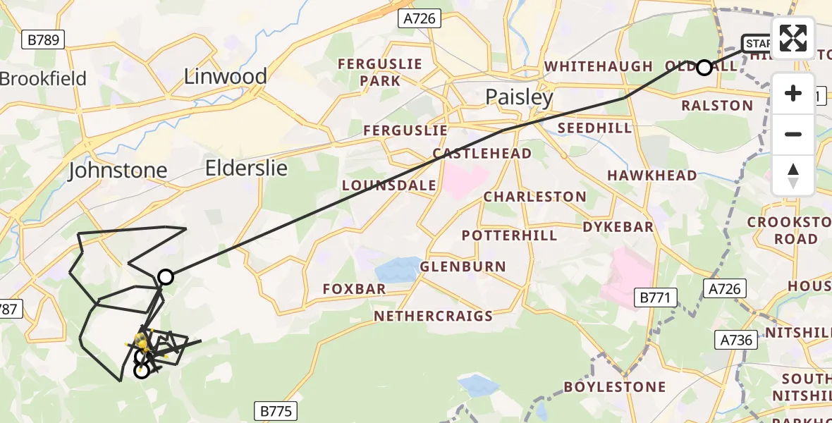 Flight route Police Helicopter Glasgow - Johnstone, 12 July 2026, 19:54