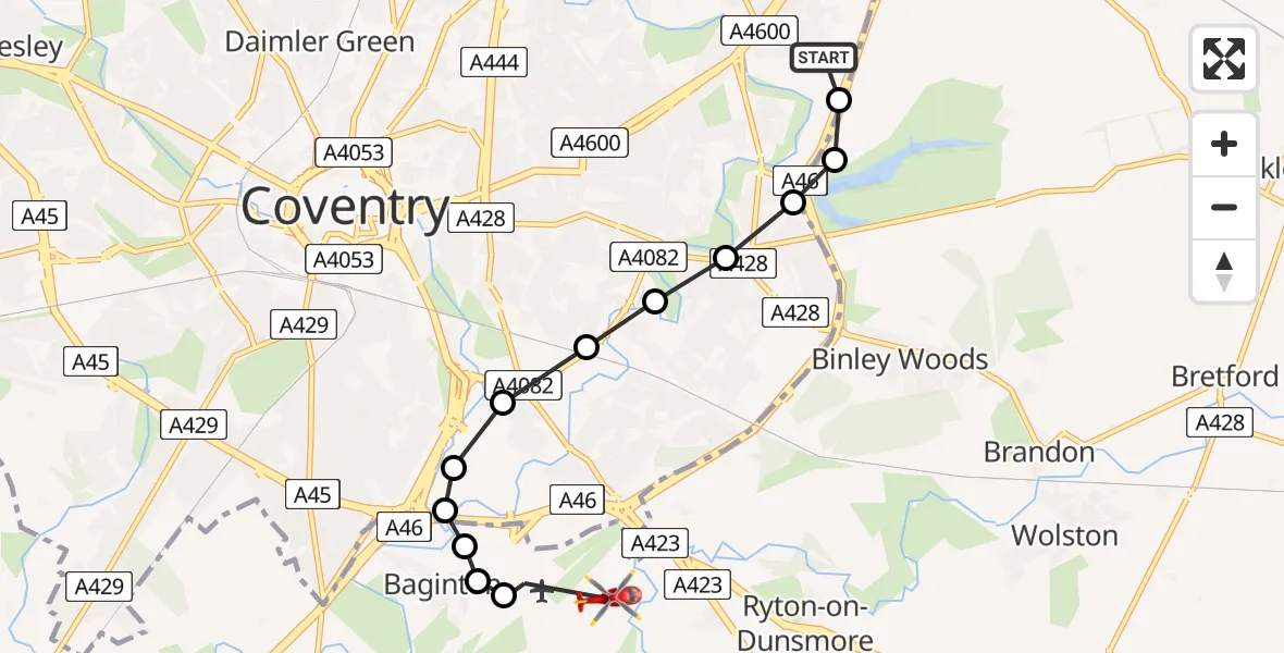 Flight route Air Ambulance Helicopter University Hospital Coventry - Warwick, 12 July 2026, 19:59
