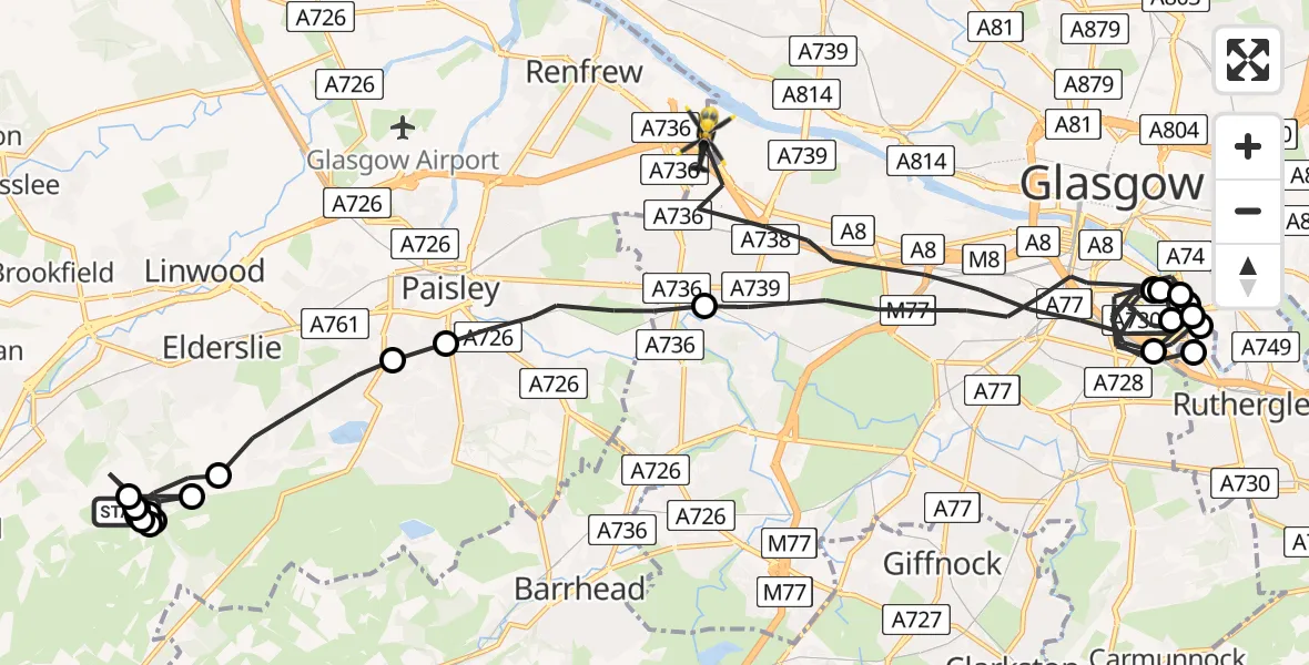 Flight route Police Helicopter Johnstone - Renfrew, 12 July 2026, 20:15
