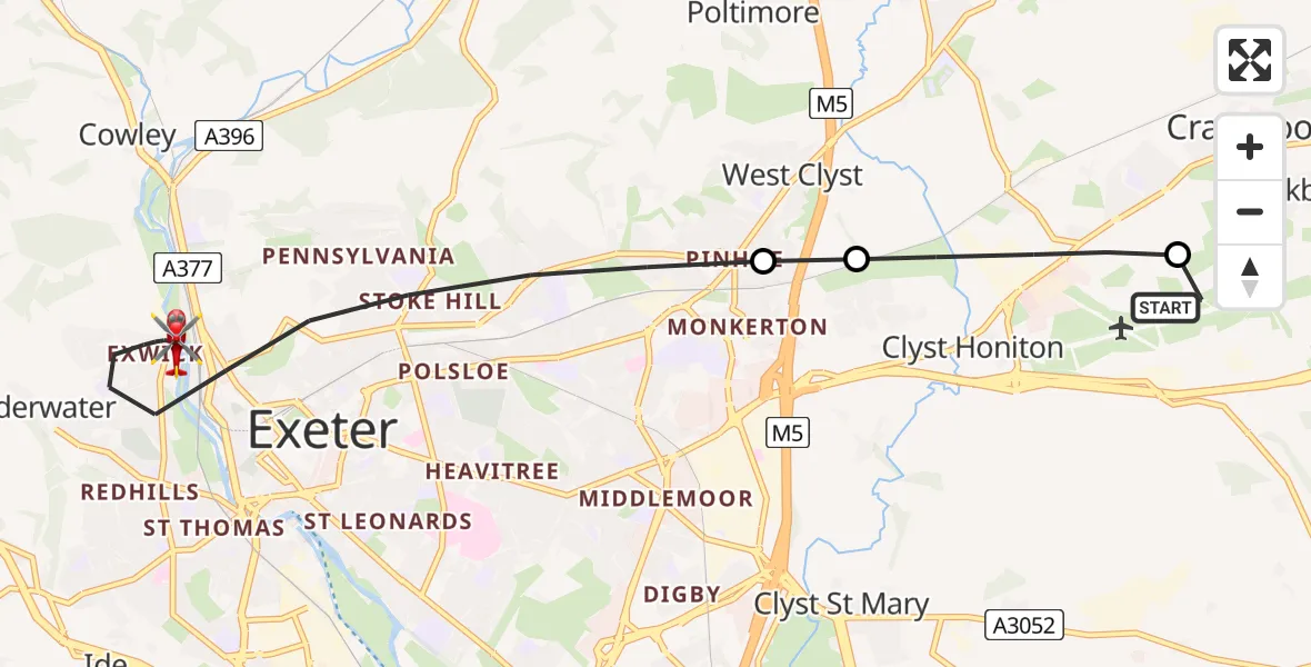 Flight route Air Ambulance Helicopter Exeter International Airport - Exeter, 12 July 2026, 20:15