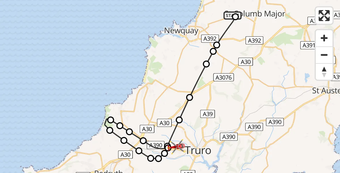 Flight route Air Ambulance Helicopter Cornwall Airport Newquay - Treliske Hospital, 12 July 2026, 20:20