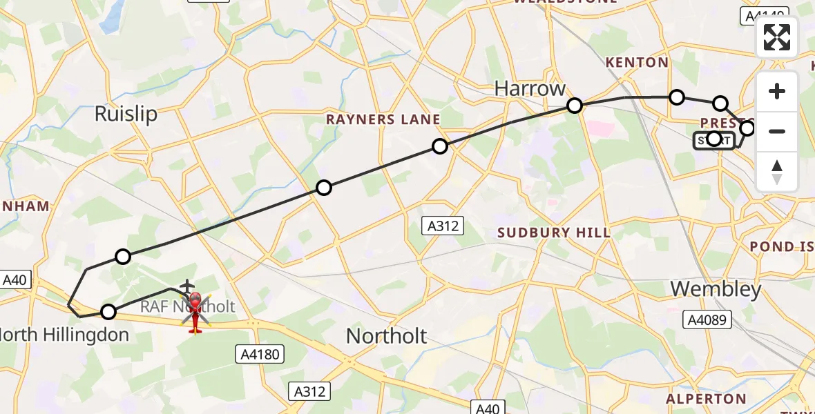 Flight route Air Ambulance Helicopter Preston - RAF Northolt, 12 July 2026, 20:21
