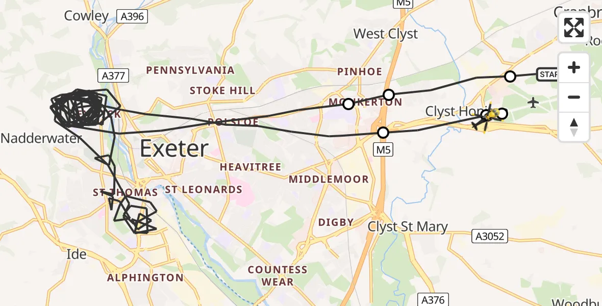 Flight route Police Helicopter Exeter International Airport - Clyst Honiton, 12 July 2026, 20:21