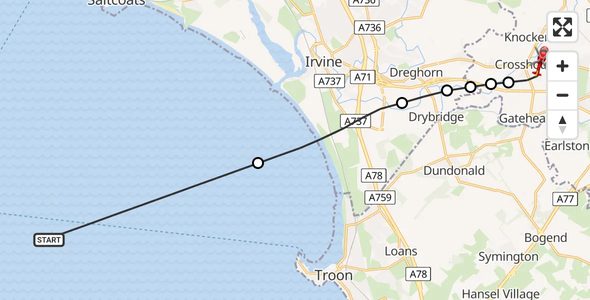 Flight route Air Ambulance Helicopter Inner Seas - Crosshouse University Hospital, 12 July 2026, 20:38