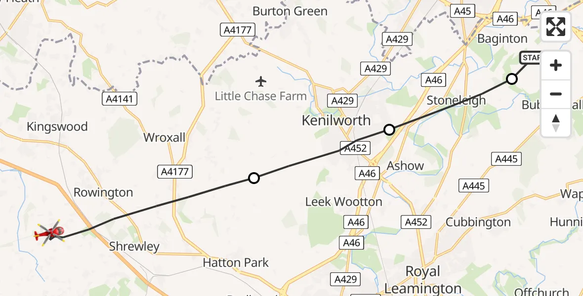 Flight route Air Ambulance Helicopter Coventry Airport - Warwick, 12 July 2026, 20:38
