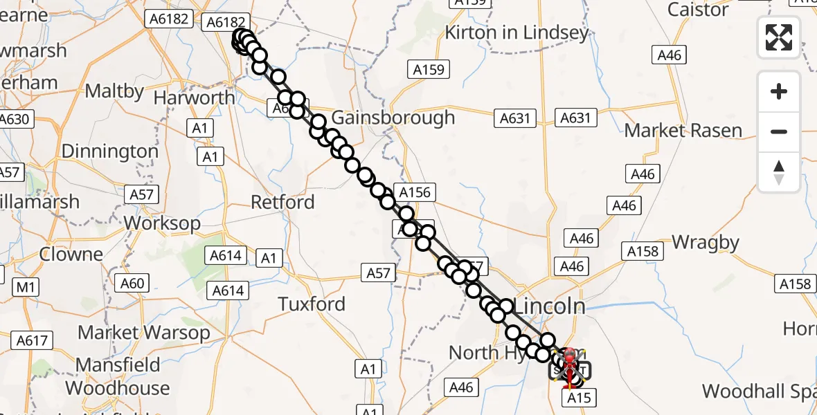 Flight route Air Ambulance Helicopter RAF Waddington - North Kesteven, 12 July 2026, 20:47