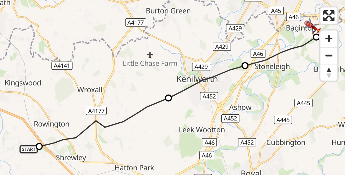Flight route Air Ambulance Helicopter Warwick - Willenhall, 12 July 2026, 20:58