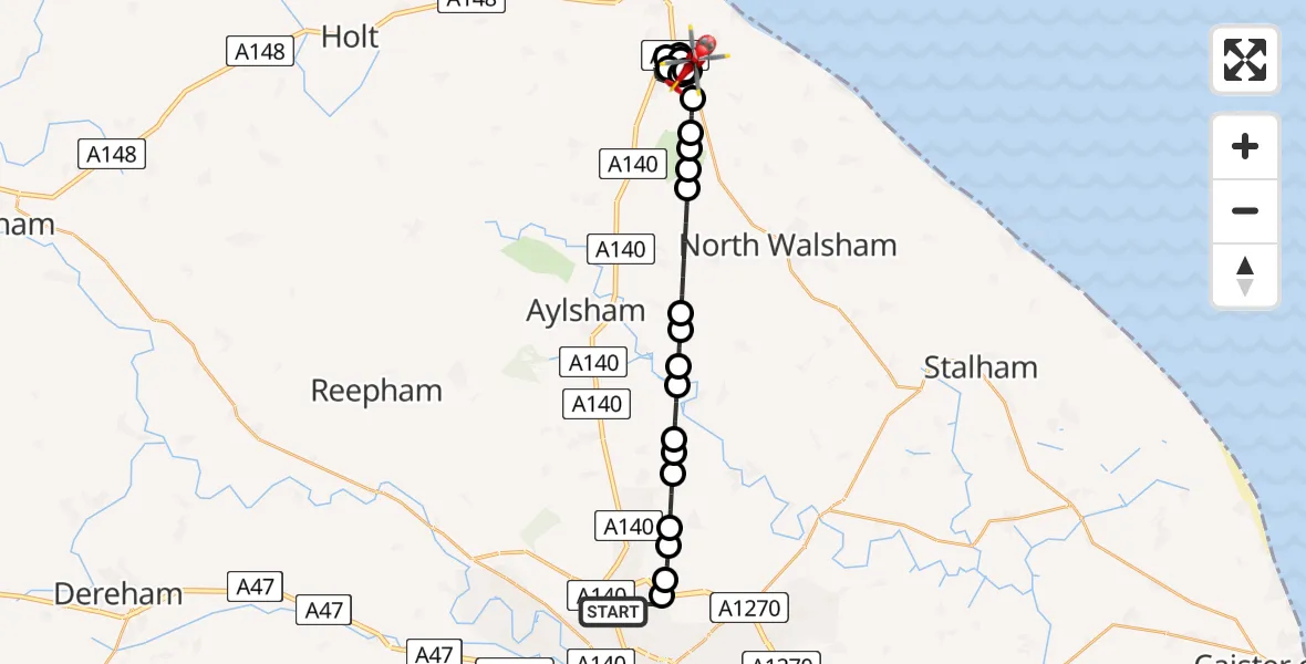 Flight route Air Ambulance Helicopter Norwich Airport - Northrepps Aerodrome, 12 July 2026, 21:03